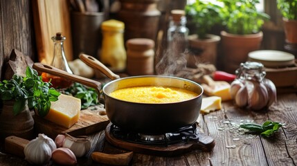 Sticker - A rustic Italian kitchen scene with a pot of polenta bubbling on the stove, surrounded by fresh ingredients like cornmeal, herbs, and cheese, capturing the essence of homemade cooking.