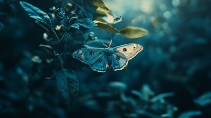 Poster - A serene garden setting featuring a moth resting on a leaf at dusk, capturing the calm atmosphere and the delicate beauty of nighttime insects.