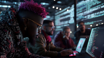 Tech enthusiasts collaborate during a coding session in a modern workspace with glowing screens at night