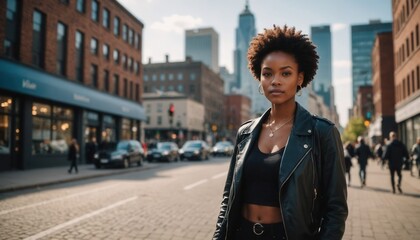 A young Black woman with short, curly hair, wearing a black leather jacket and black top