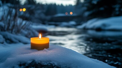 Wall Mural - On a snow covered boulder next to a frozen creek a cheerful candle is burning