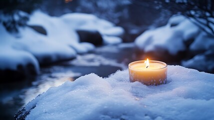 Wall Mural - On a snow covered boulder next to a frozen creek a cheerful candle is burning