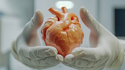 Poster - Realistic anatomical heart gently held in gloved hands during a medical demonstration in a clinical setting. Generative AI