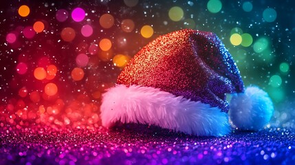 Wall Mural - On a vibrant background a modern santa hat gleams with vibrant hues