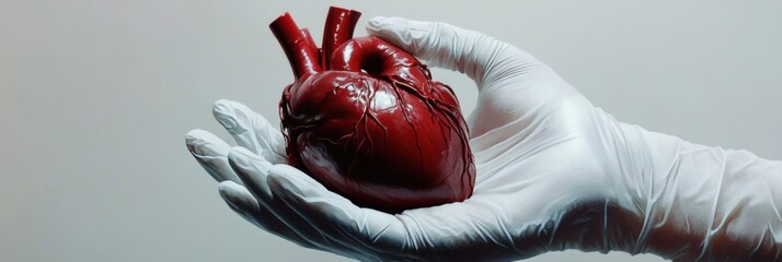 Poster - Realistic anatomical heart gently held in gloved hands, showcasing detail and care in a medical or educational context. Generative AI