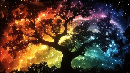 Wall Mural - Silhouette of a large tree against a vibrant, colorful nebula.