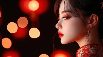 Elegant woman in vibrant red and gold traditional Lunar New Year dress, intricate embroidery, festive lantern-filled background, celebrating with joy, Lunar New Year, tradition and festivity