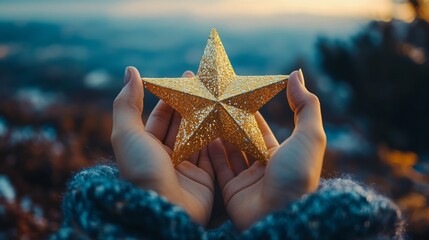 Wall Mural - Hands holding a golden star in an enchanting scene symbolizing hope, dreams and aspirations with a blurred natural background