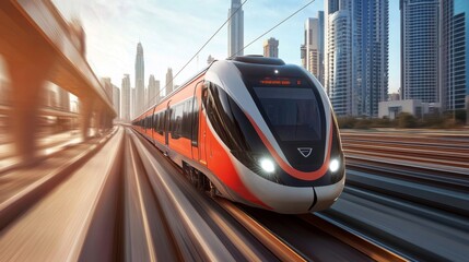 Fototapete - A wide-angle view of an electric train speeding through a cityscape, with motion blur effects emphasizing its speed and efficiency.