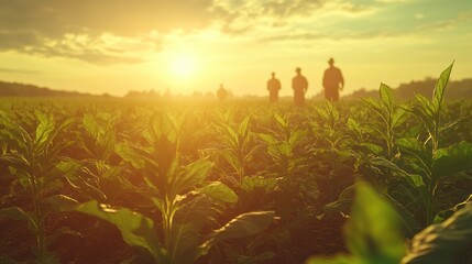 Wall Mural - Farmers silhouetted at sunset in tobacco field.