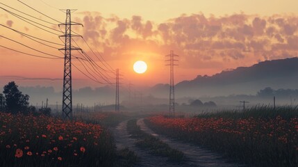 Aufkleber - Power lines stretching across a rural landscape, with the sun setting in the background, highlighting the contrast between nature and man-made infrastructure.