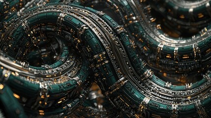 Wall Mural - intricate swirling metallic structures in teal and gold