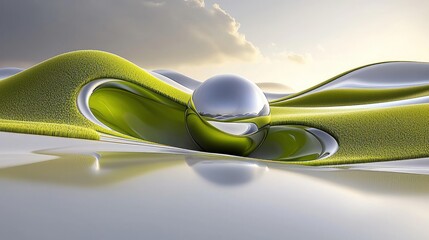 Wall Mural - reflective sphere in a luminous green landscape: an abstract futuristic scene