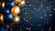 © Prasanth - Vibrant navy blue and gold themed celebration with colorful balloons and glittering confetti, ideal for festive banners, posters, and background designs with space for custom text