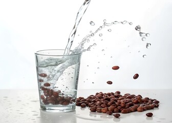 Splash of water drink in a glass with beans isolated on white background