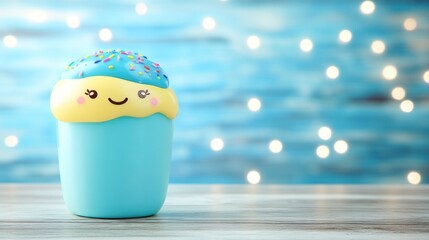 Sticker - Cute blue cup with icing and sprinkles, cartoonish design, on a wooden surface with bokeh lights.