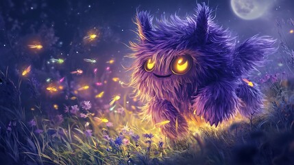 a purple and yellow fluffy monster chasing colorful fireflies in a moonlit meadow