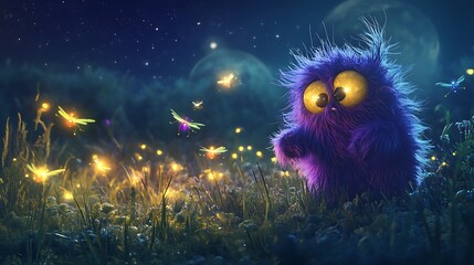 a purple and yellow fluffy monster chasing colorful fireflies in a moonlit meadow