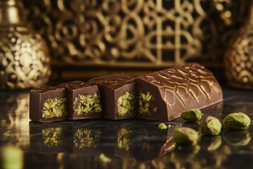 Chocolate bar filled with creamy pistachio paste presented on an elegant marble countertop. Generative AI