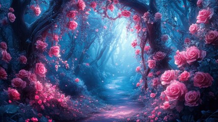 Wall Mural - Enchanted Rose Garden Under Moonlight in a Dreamy Forest