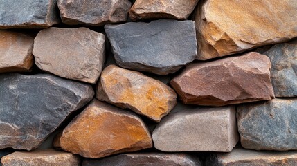 A close-up of a stone wall featuring various earthy tones, showcasing irregular shapes and textures, conveying a rustic appearance in natural light.