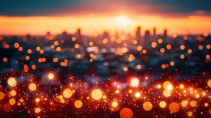 Poster - Warm Cityscape Sunset with Glowing Lights and Bokeh Effects