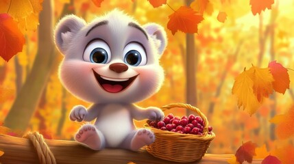 Poster - Cute cartoon bear sits on a log in autumn forest with a basket of berries.