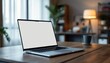 © ahmed elmaslamani - Laptop with Blank Screen on a Wooden Desk in a Cozy Home Office with a Modern Warm Interior