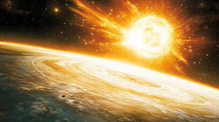 Wall Mural - Brilliant Solar Explosion Illuminates Planet Below in Deep Space