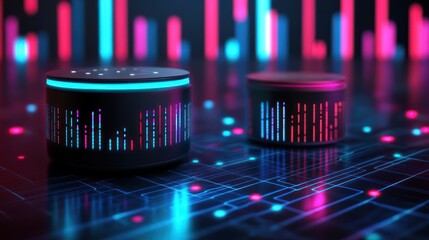 Wall Mural - abstract futuristic data visualization with glowing cylindrical devices on a circuit board