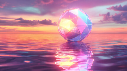 Wall Mural - A glowing geometric sphere floating above a calm water surface, reflecting vibrant neon hues, creating ripples on the glassy water