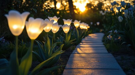 Wall Mural - Glowing tulips line a serene garden path at sunset, creating a magical atmosphere.