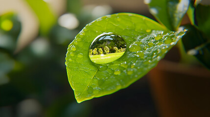 A highly detailed macro shot of a raindrop on a bright green leaf, reflecting the surrounding scenery in its tiny surface