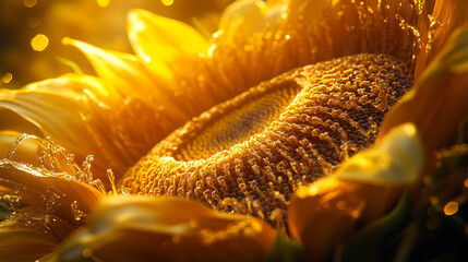 Wall Mural - A highly detailed macro shot of a sunflower center showing vivid textures and patterns, with sunlight illuminating the vibrant yellow petals