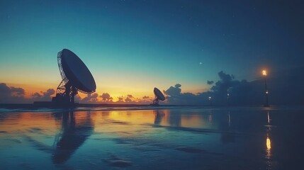 Wall Mural - Satellite Dishes Against a Stunning Sunset Over Calm Waters