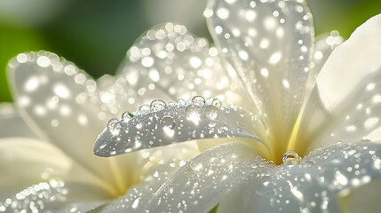 Wall Mural - A macro view of droplets of water on the delicate petals of a flower, reflecting sunlight and creating intricate sparkling patterns, evoking freshness and beauty