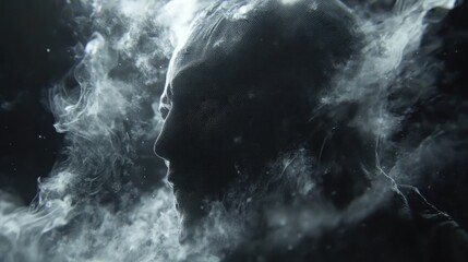 Wall Mural - ethereal portrait: abstract face emerging from a swirling nebula of particles and smoke