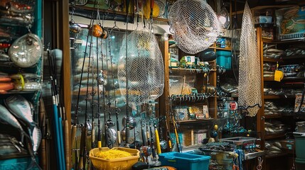 Wall Mural - A fishing tackle shop display with rods, bait, and nets on hooks