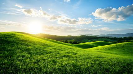 A peaceful landscape of rolling hills covered in bright green grass, with a clear blue sky and fluffy white clouds, illuminated by soft morning light