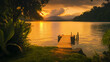 © Khalid - A serene lakeside scene with a small wooden dock leading out into the water, surrounded by lush greenery and illuminated by the soft light of a golden sunset