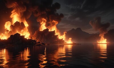 Wall Mural - A fiery inferno rages in the darkness of a lake at night, environment, wild