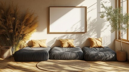 Wall Mural - Sunlit room, comfy floor seating, empty frame, plants, relaxation