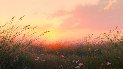 Wall Mural - A tranquil meadow with tall grass swaying gently under a soft pink and orange sunset, with scattered wildflowers adding splashes of color