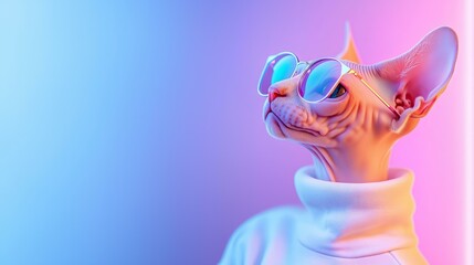 Wall Mural - sphynx cat wearing sunglasses and turtleneck in neon glow