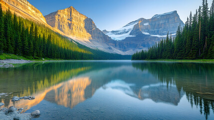 Wall Mural - A tranquil mountain lake with crystal-clear water reflecting the towering peaks, surrounded by dense evergreen forests, illuminated by soft morning light