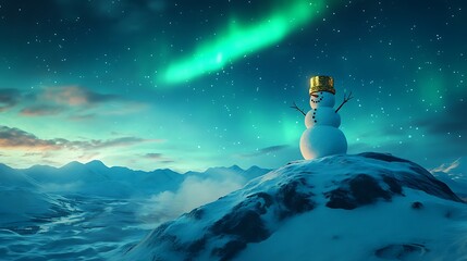 Wall Mural - Under the aurora a snowman wearing a golden helmet stands atop a snow covered hill
