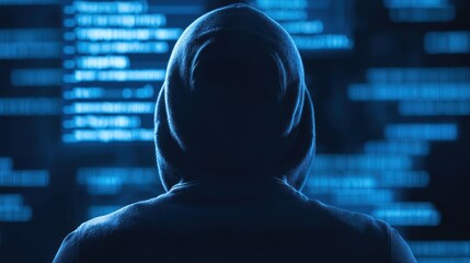 A hooded figure working in a digital environment, coding intently.