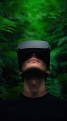 A person exploring virtual reality in a lush green environment.