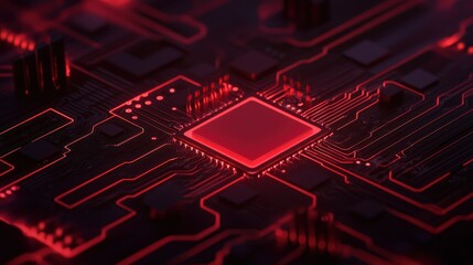 Close-up of a red microchip on a circuit board background.