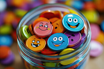 Wall Mural - a coin jar filled with colorful notes and coins, each with a playful face